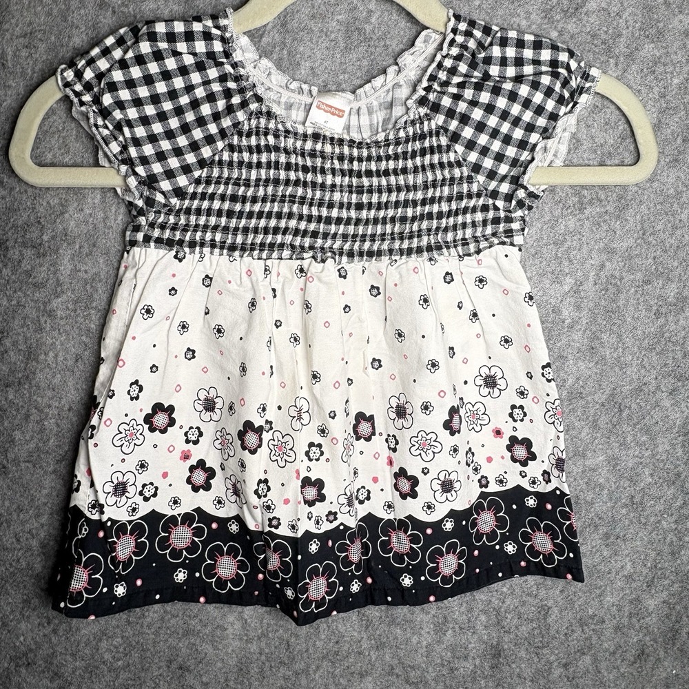 Fisher Price 4T Vintage Baby Doll Top Black White Gingam W Flowers
